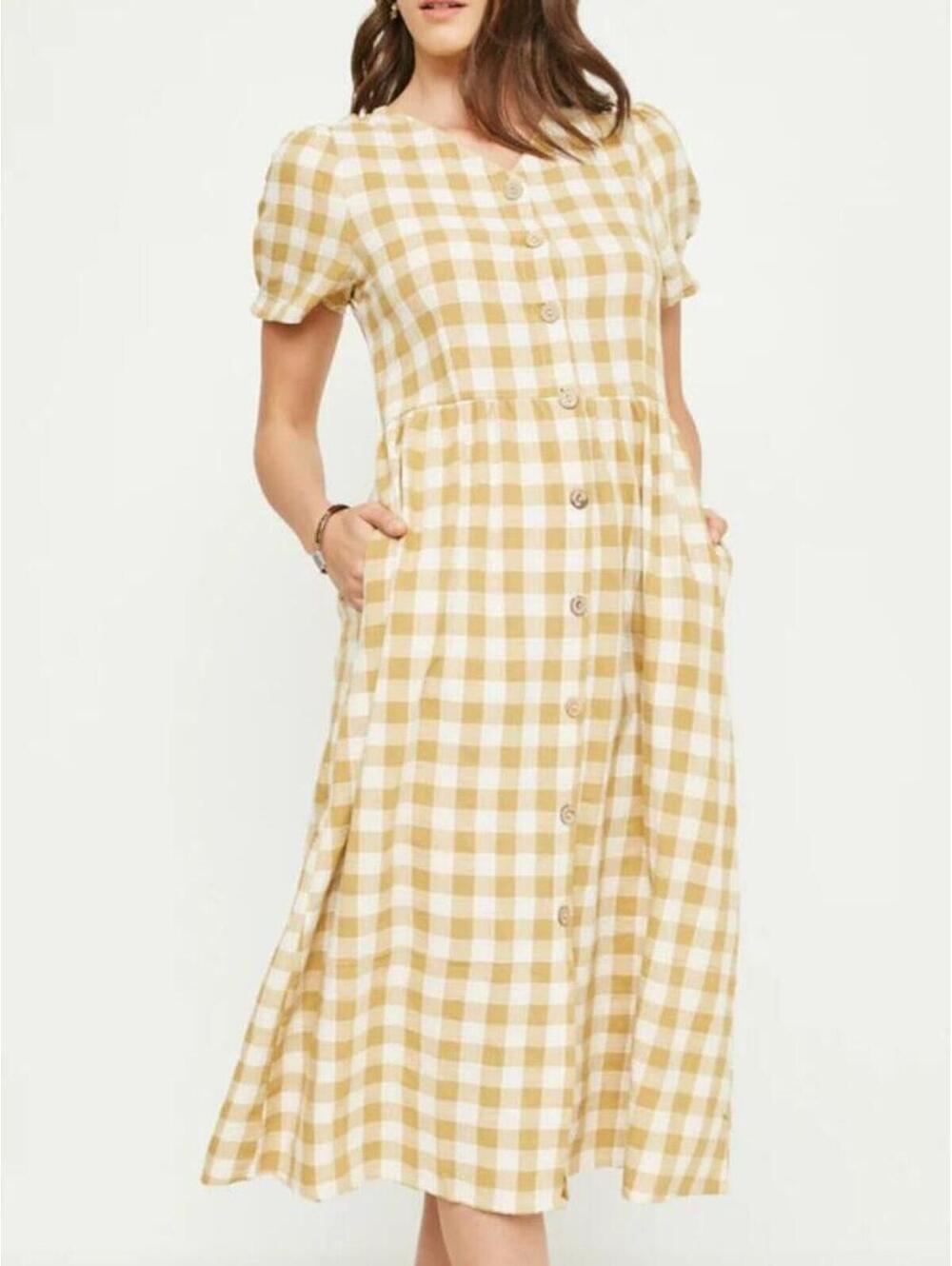 Hayden Yellow Gingham Midi Dress Tie Back Cottagecore Size S NWT